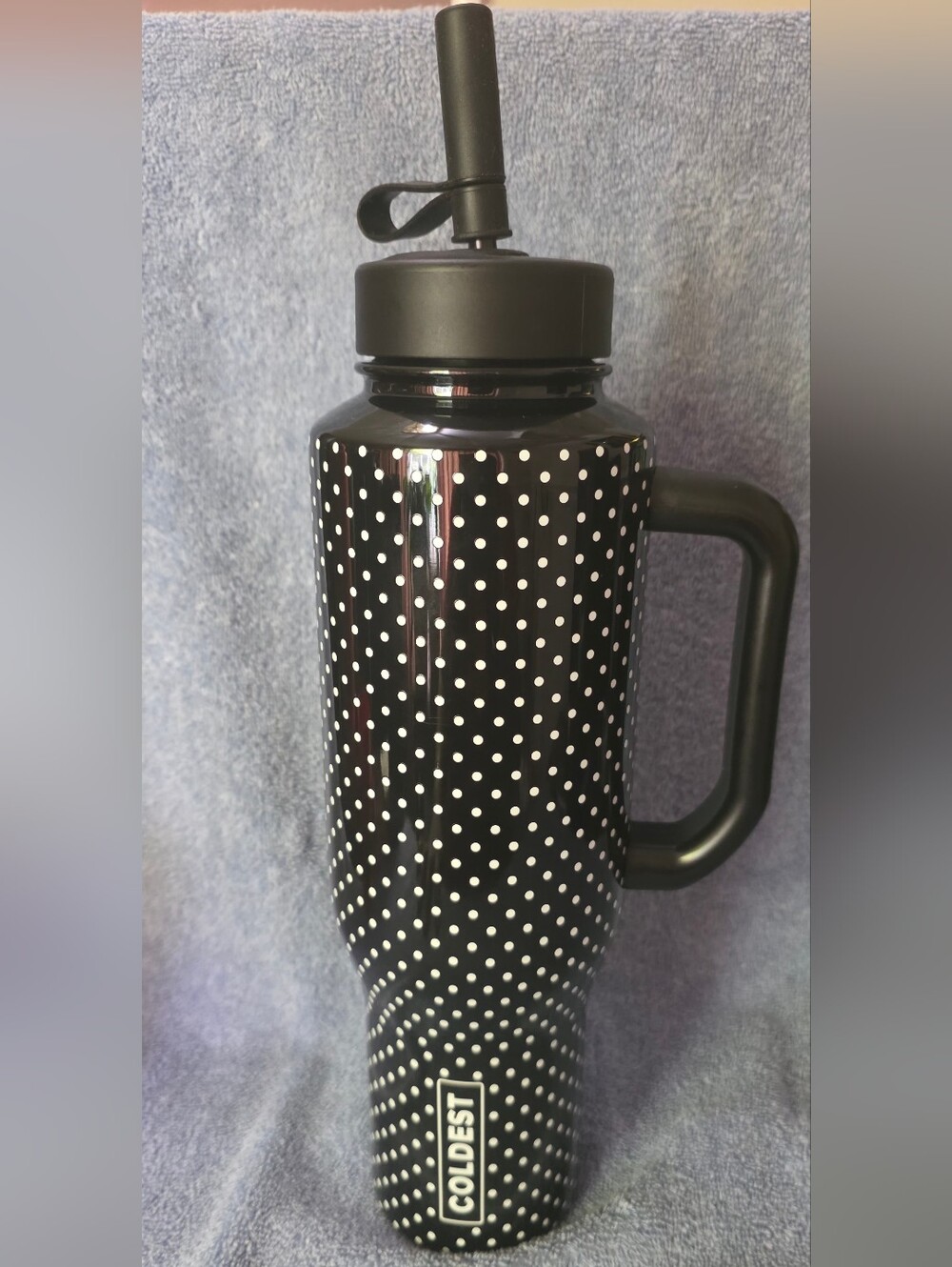 Coldest Black Polka Dot Insulated Water Bottle with Handle and Straw